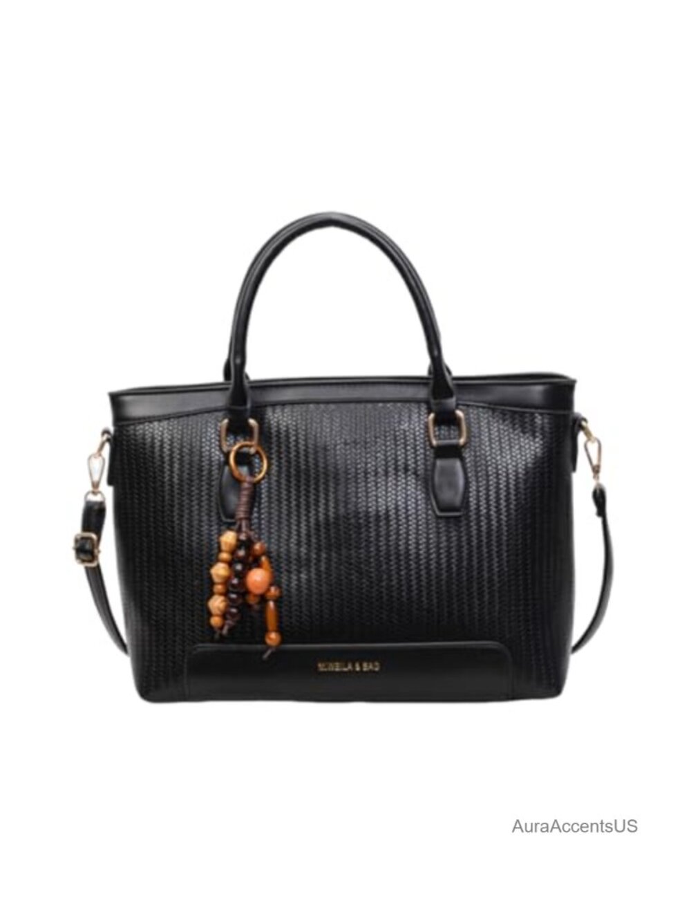 PU Leather Woven Tote Handbag Large Crossbody Shoulder Bag with Wooden Bead